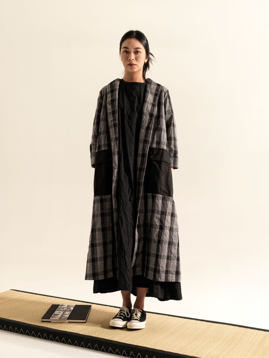 WENDYKEI Coat In Gray Tartan Fabric With Big Cargo Pockets