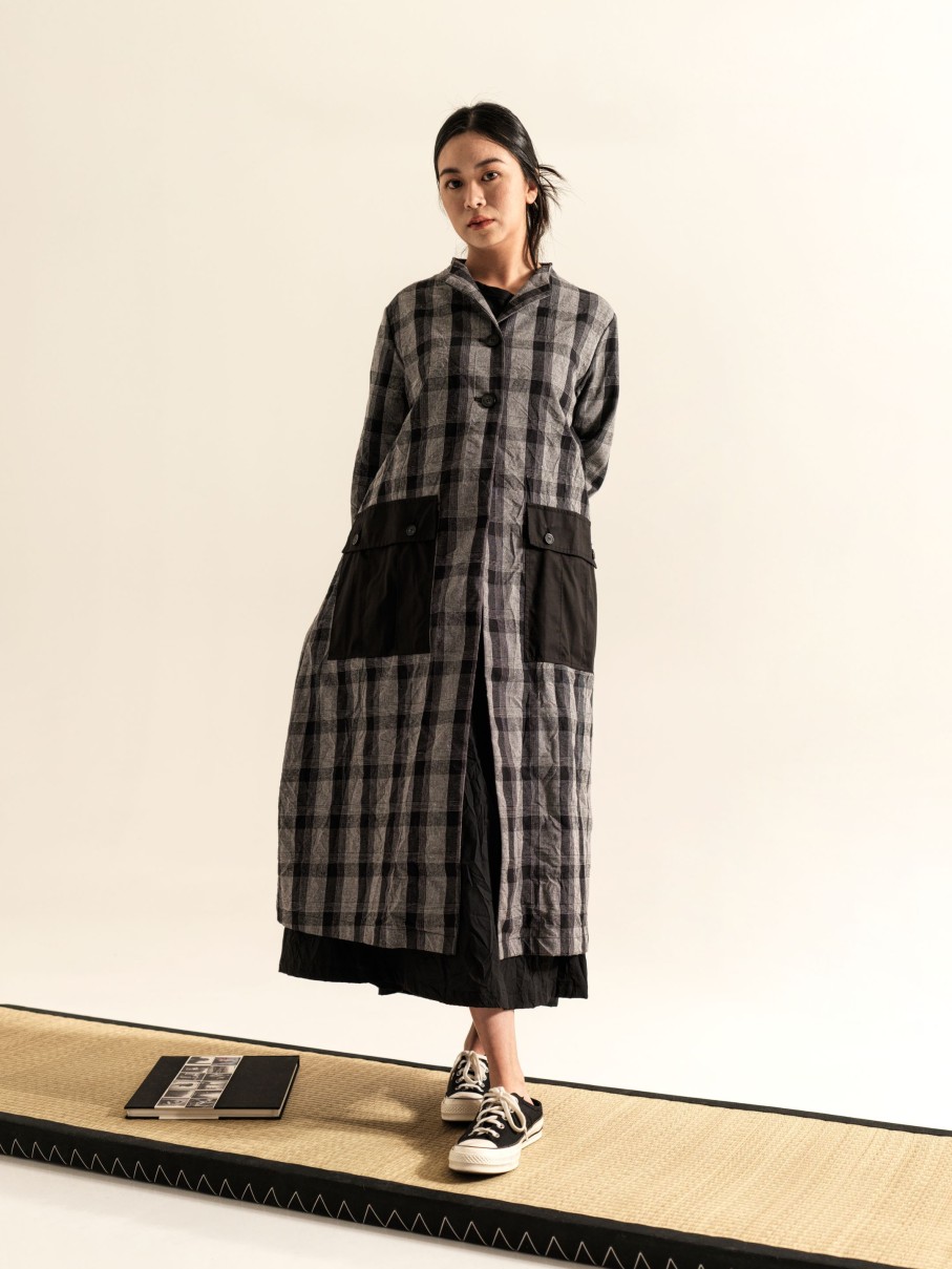 WENDYKEI Coat In Gray Tartan Fabric With Big Cargo Pockets