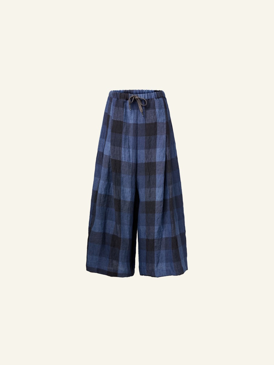 WENDYKEI Blue Checked Linen Wide Pants