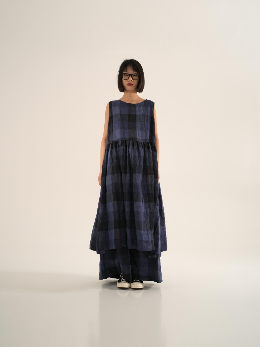 WENDYKEI Blue Checked Linen Wide Pants