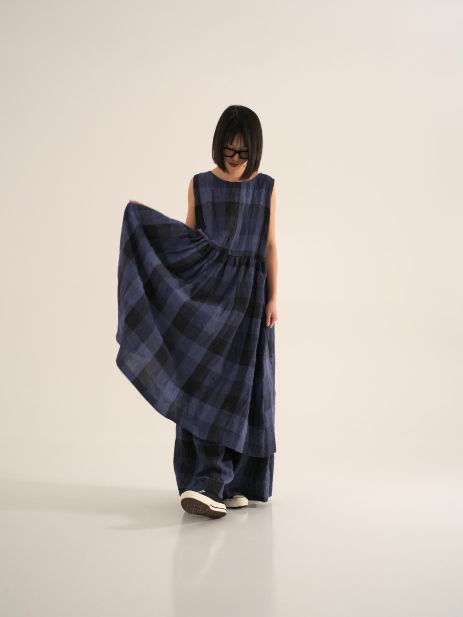 WENDYKEI Blue Checked Linen Dress